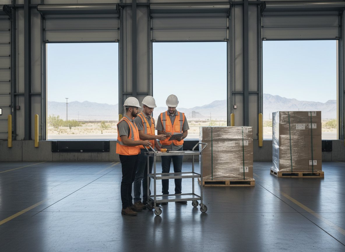 A warehouse team in hi-vis vests reviewing a shipment at a loading dock.