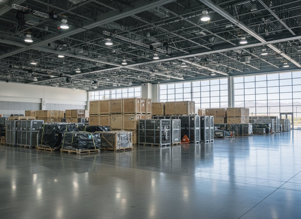 Crates and palletized exhibit freight staged on a convention center show floor before setup.