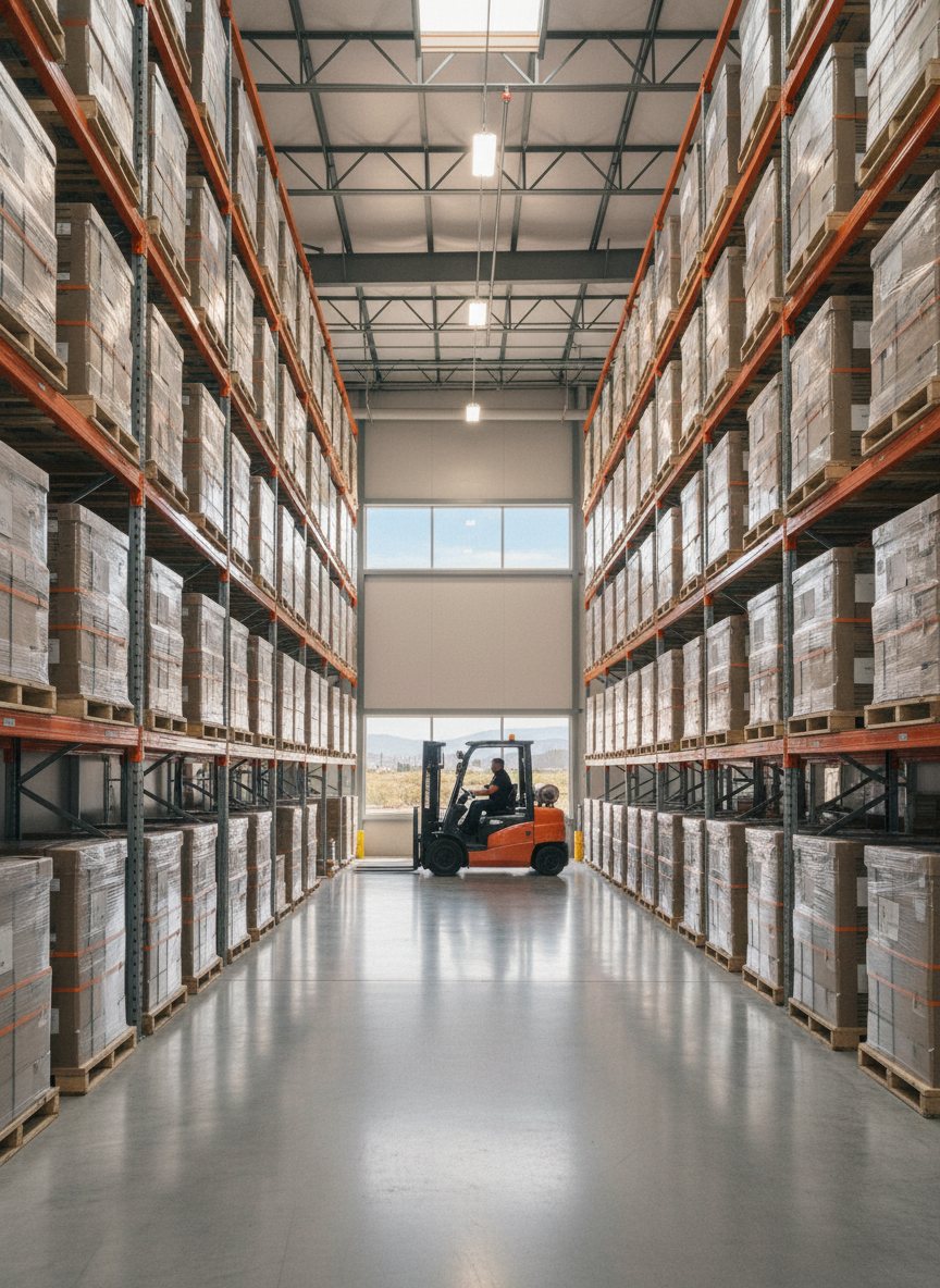 A modern distribution warehouse interior with tall racking, palletized inventory, and forklifts under bright lighting.
